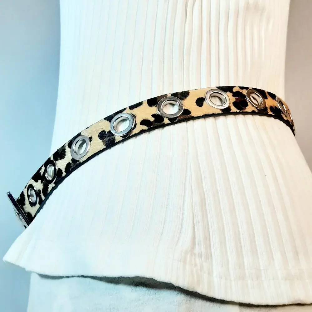 Womens Leopard Print Hairy Faux Leather Belt Size Large Big Grommets